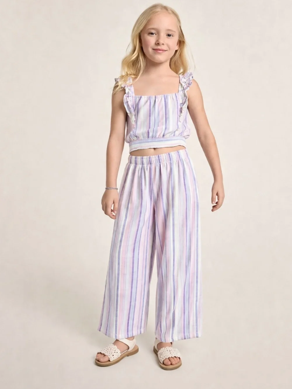 Olivia Kay Girls Set Ruffle Crop Top and Wide Leg Pants Pastel Stripes Size L/XL